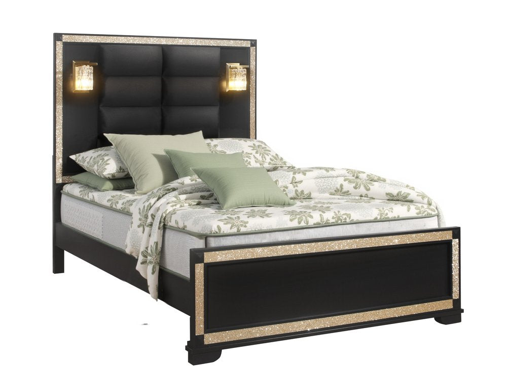Black And Gold Faux Crystal Bling Wood And Upholstery Lighted Full Bed Frame