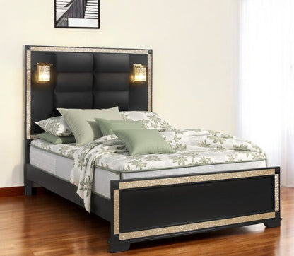 Black And Gold Faux Crystal Bling Wood And Upholstery Lighted Full Bed Frame