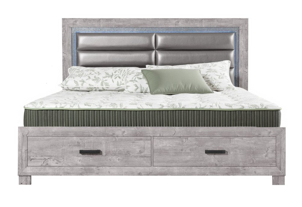 Gray Faux Crystal Bling Distressed Wood And Faux Leather Lighted King Bed Frame With Two Drawers