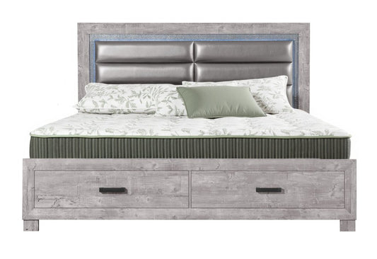 Gray Faux Crystal Bling Distressed Wood And Faux Leather Lighted King Bed Frame With Two Drawers