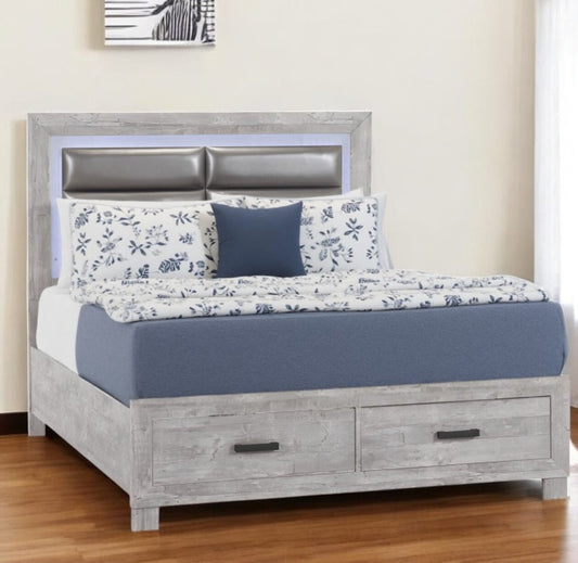 Gray Faux Crystal Bling Distressed Wood And Faux Leather Lighted King Bed Frame With Two Drawers