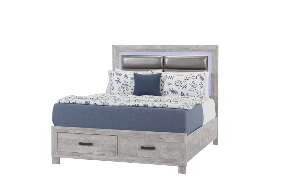 Gray Faux Crystal Bling Distressed Wood And Faux Leather Lighted King Bed Frame With Two Drawers