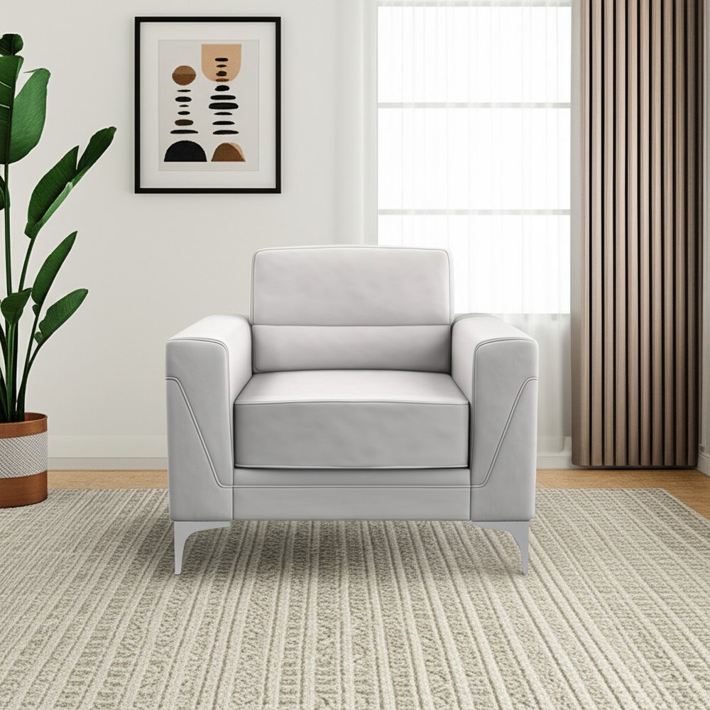 35" Light Gray and Silver Faux Leather Arm Chair