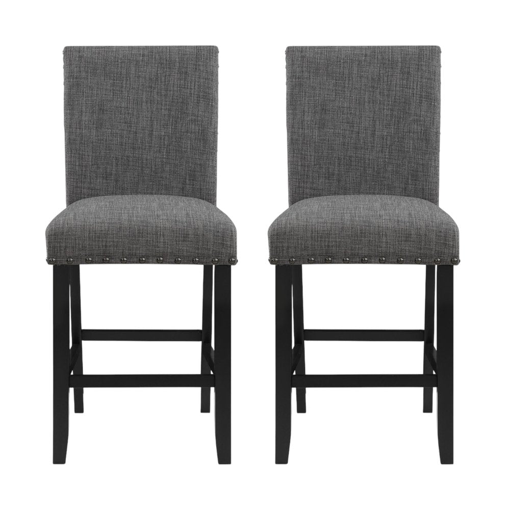 Set of Two 26" Gray and Black Wood and Fabric Counter Height Bar Chairs