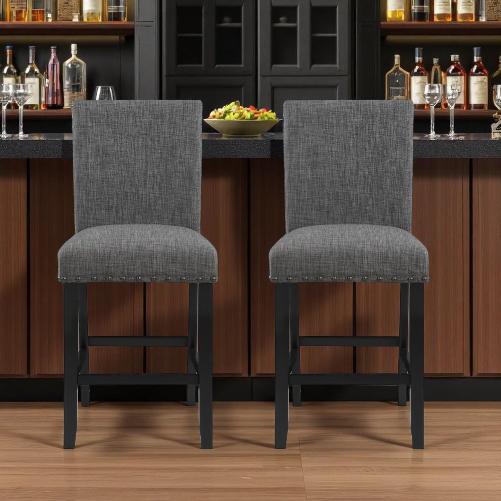 Set of Two 26" Gray and Black Wood and Fabric Counter Height Bar Chairs