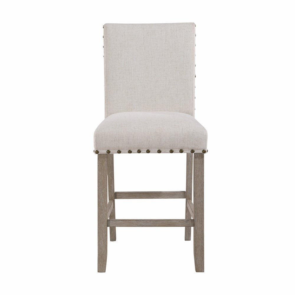 26" White and Natural Wood and Fabric Counter Height Bar Chair