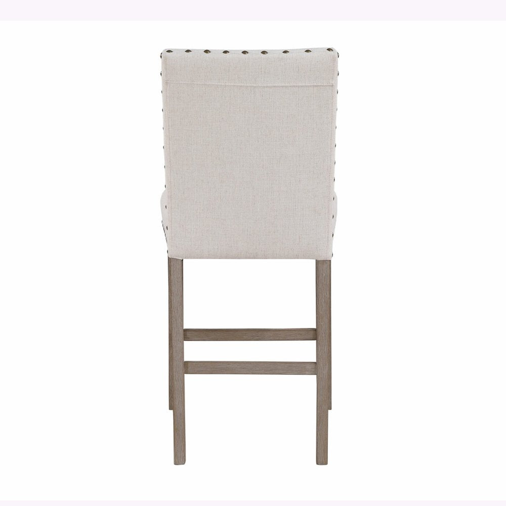 26" White and Natural Wood and Fabric Counter Height Bar Chair