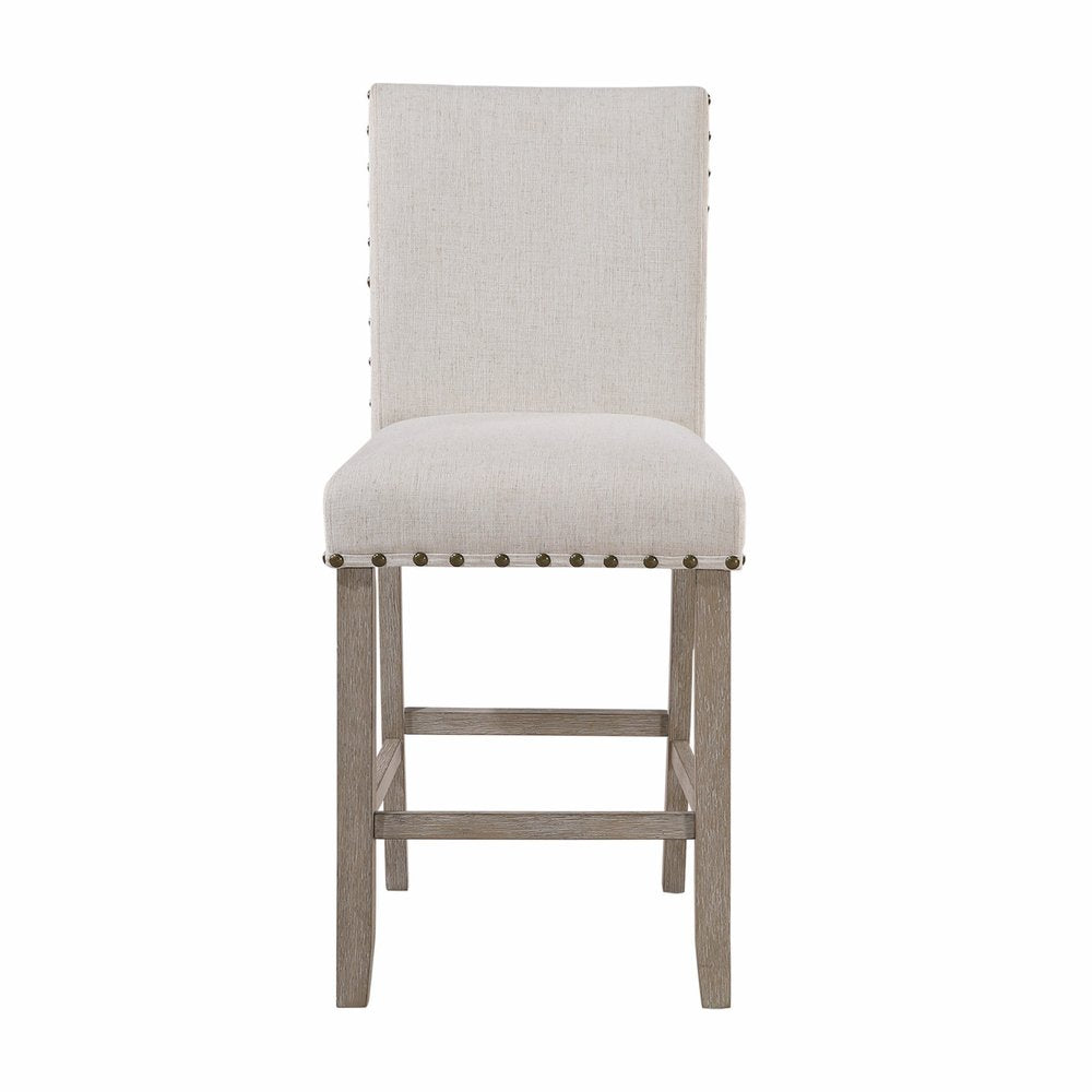 26" White and Natural Wood and Fabric Counter Height Bar Chair