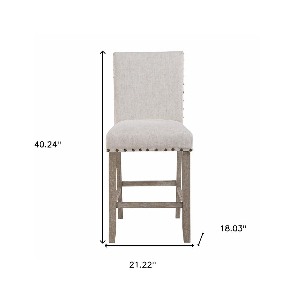26" White and Natural Wood and Fabric Counter Height Bar Chair