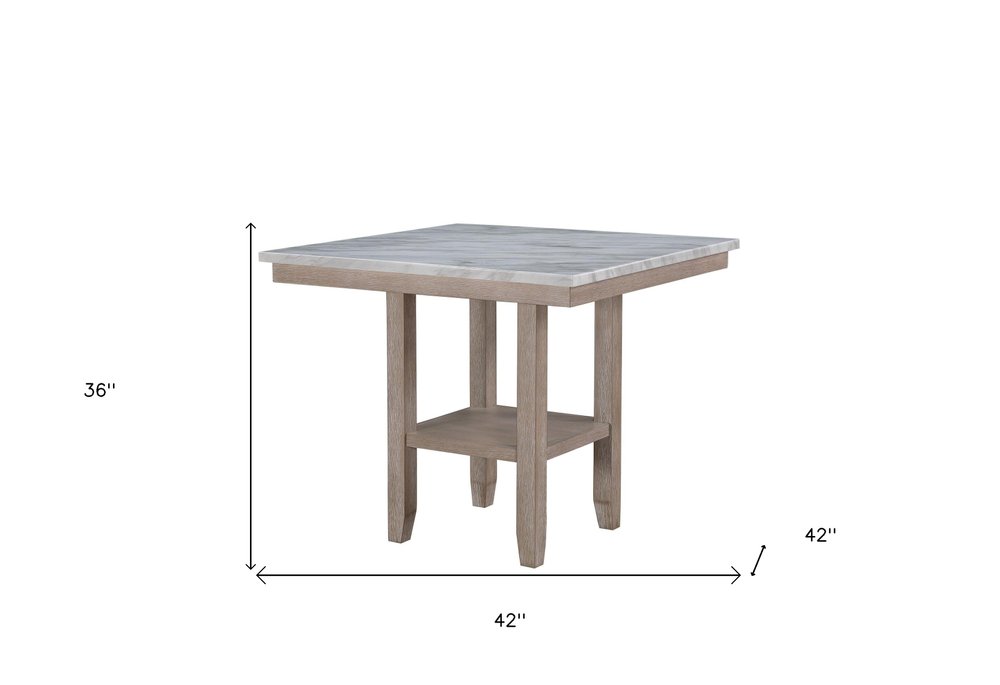 42" White and Natural Faux Marble and Wood Square Bar Table