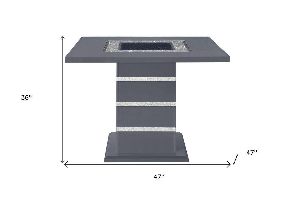 47" Dark Gray Silver And Black Glass Faux Crystal And Wood Square Bar Table