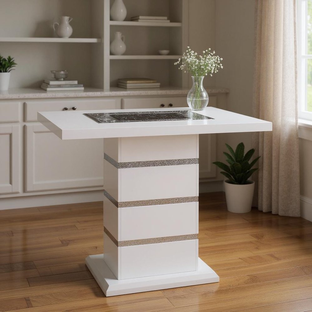 47" White Silver And Black Glass Faux Crystal And Wood Square Bar Table