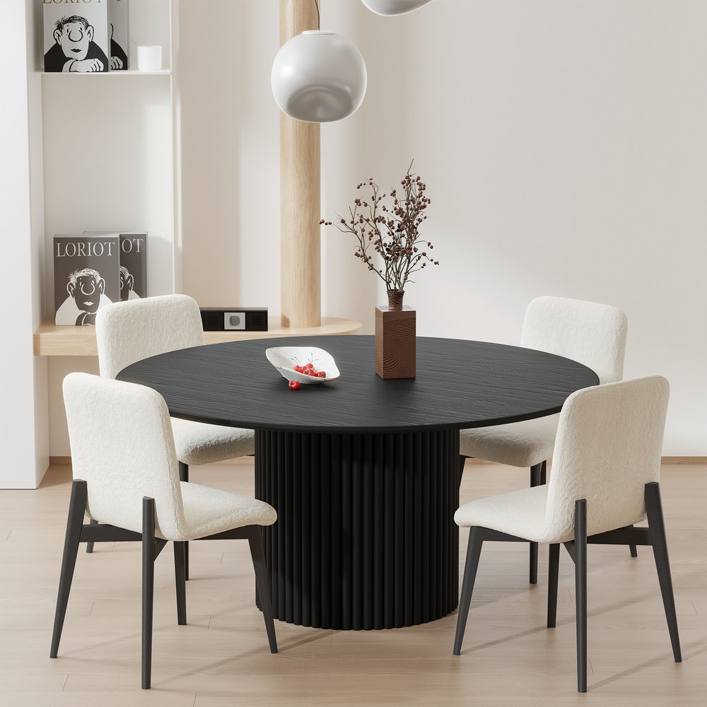 Set of Two White and Black Upholstered Boucle Dining Side Chairs