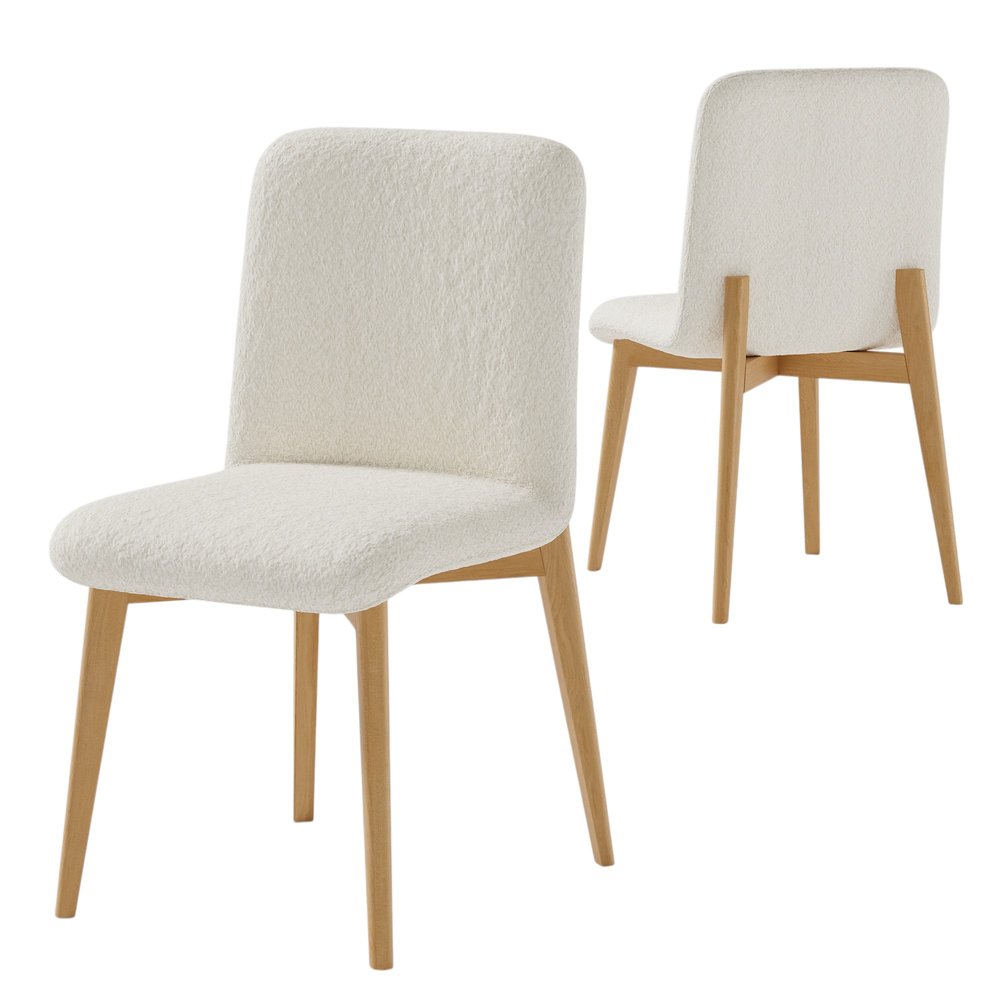 Set of Two Off White And Natural Boucle Upholstered Dining Side Chairs