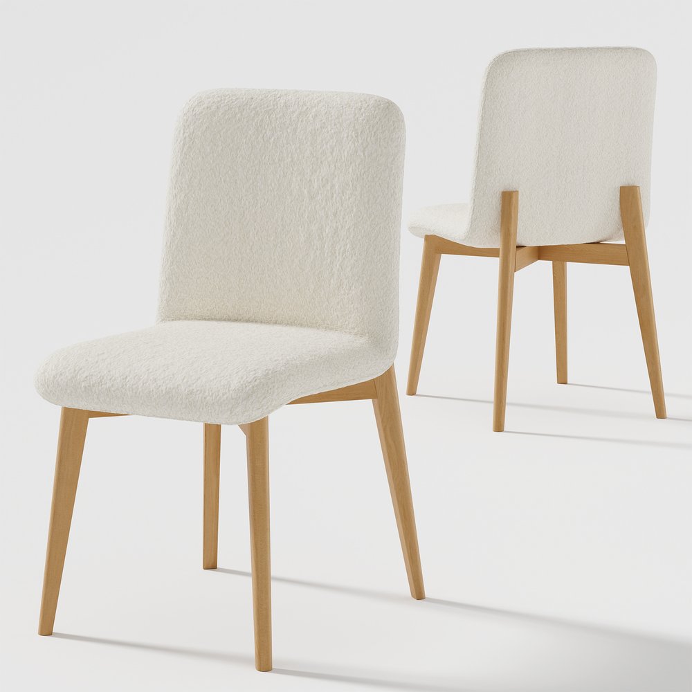 Set of Two Off White And Natural Boucle Upholstered Dining Side Chairs