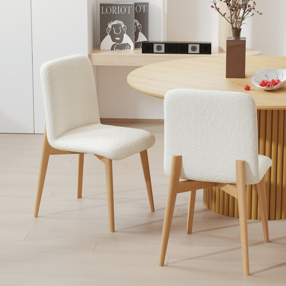 Set of Two Off White And Natural Boucle Upholstered Dining Side Chairs