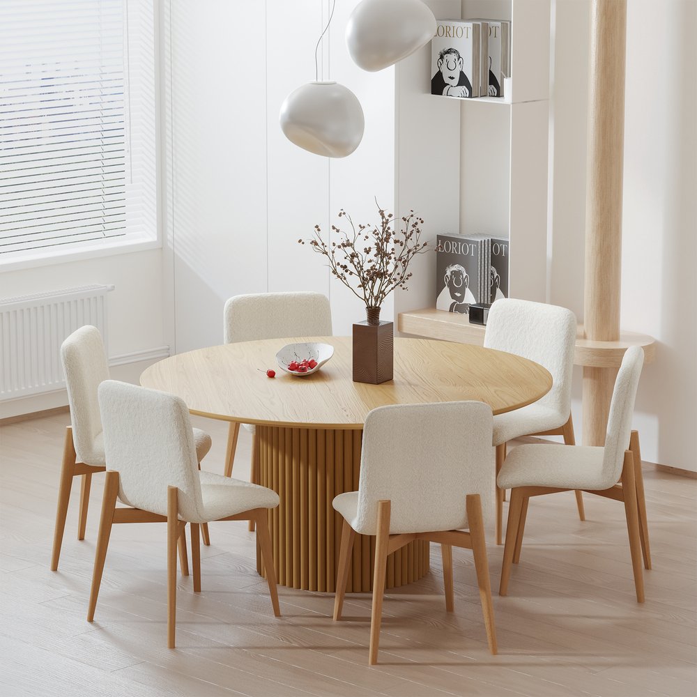 Set of Two Off White And Natural Boucle Upholstered Dining Side Chairs