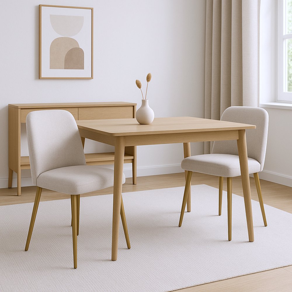 Set of Two Beige and Gold Upholstered Fabric Dining Side Chairs