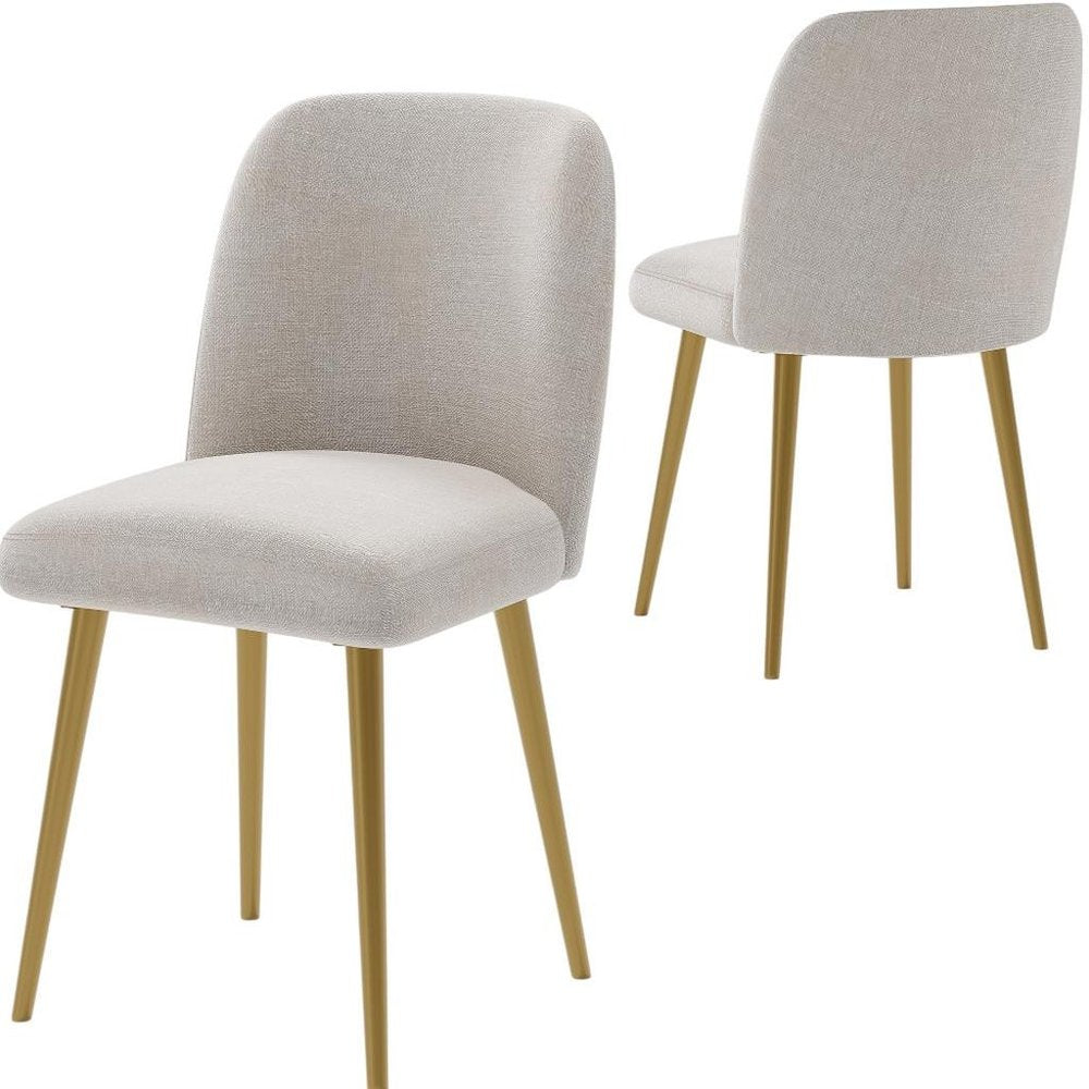 Set of Two Beige and Gold Upholstered Fabric Dining Side Chairs