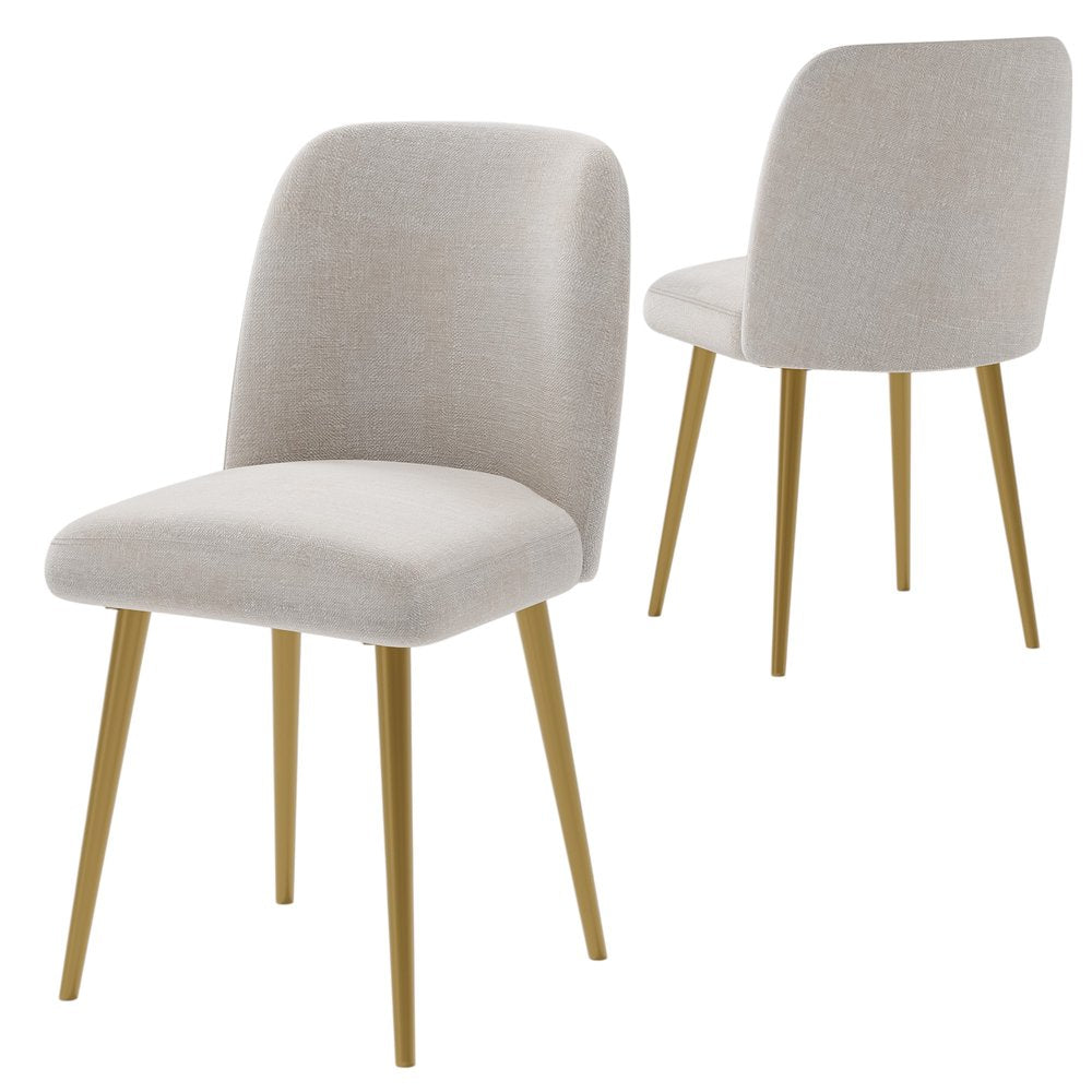 Set of Two Beige and Gold Upholstered Fabric Dining Side Chairs
