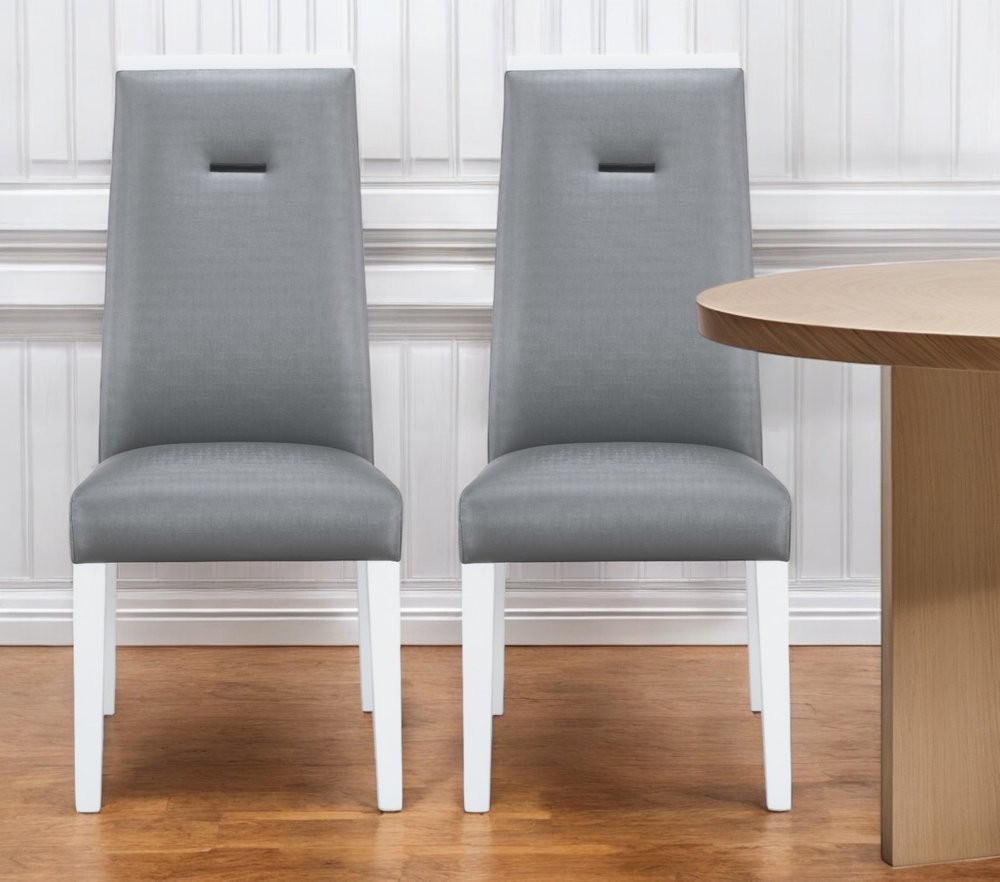 Set of Two Gray And White Upholstered Faux Leather Dining Side Chairs