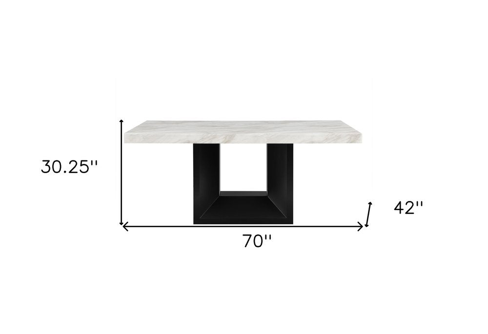 70" White and Black Faux Marble and Wood Pedestal Base Dining Table