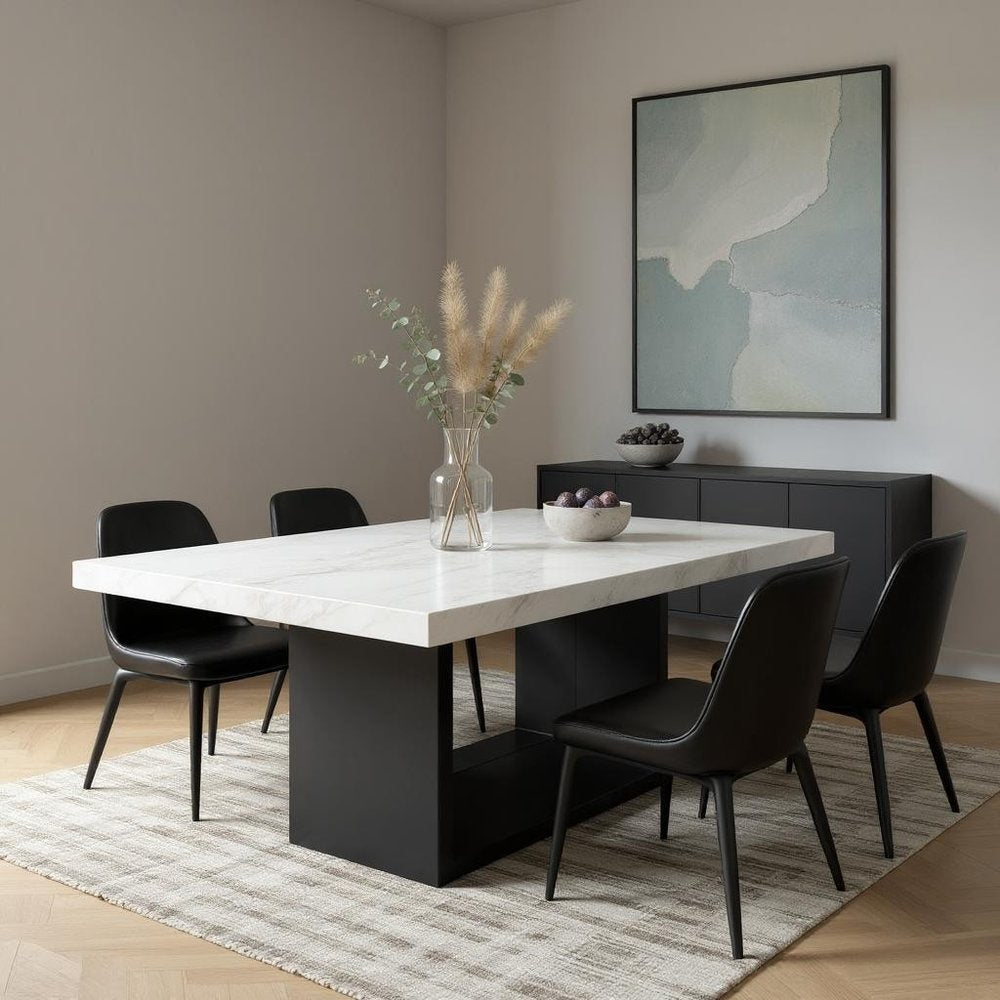 70" White and Black Faux Marble and Wood Pedestal Base Dining Table