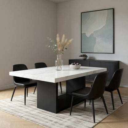 70" White and Black Faux Marble and Wood Pedestal Base Dining Table