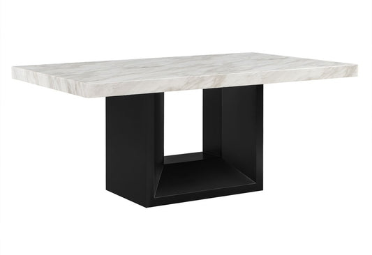 70" White and Black Faux Marble and Wood Pedestal Base Dining Table