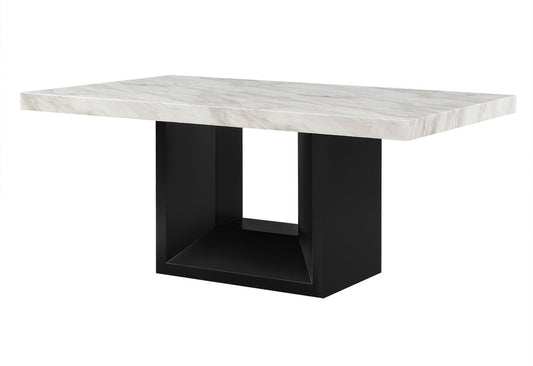 70" White and Black Faux Marble and Wood Pedestal Base Dining Table