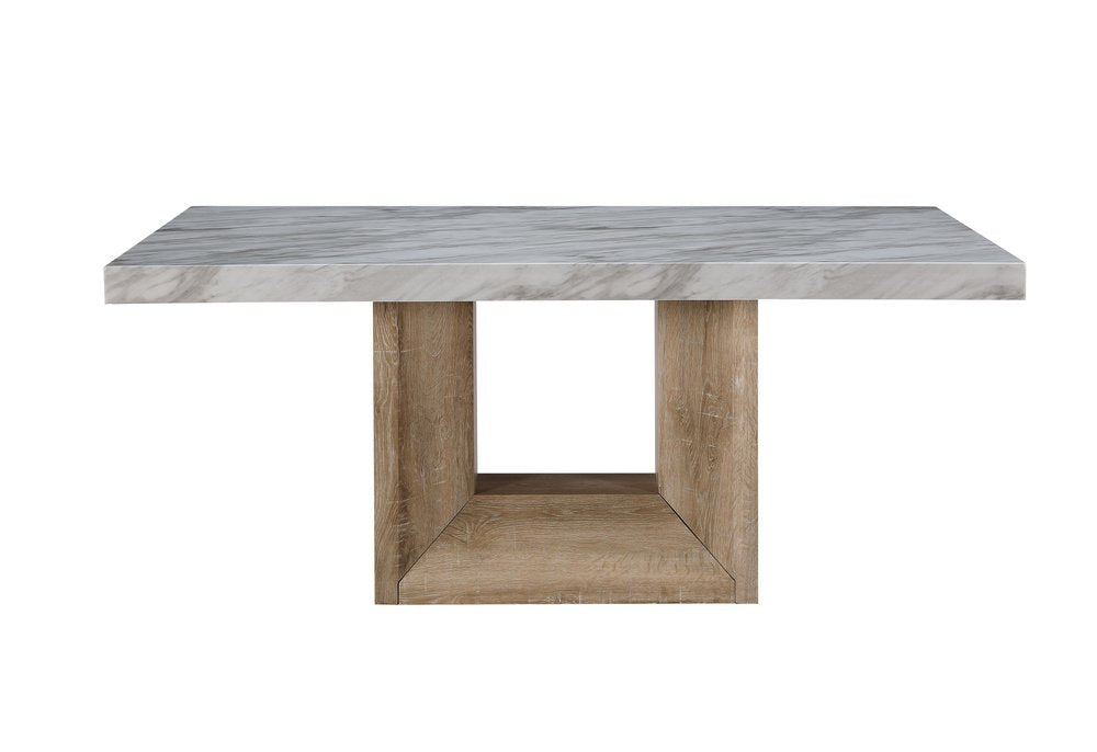70" White and Natural Faux Marble and Wood Pedestal Base Dining Table