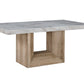 70" White and Natural Faux Marble and Wood Pedestal Base Dining Table