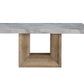 70" White and Natural Faux Marble and Wood Pedestal Base Dining Table