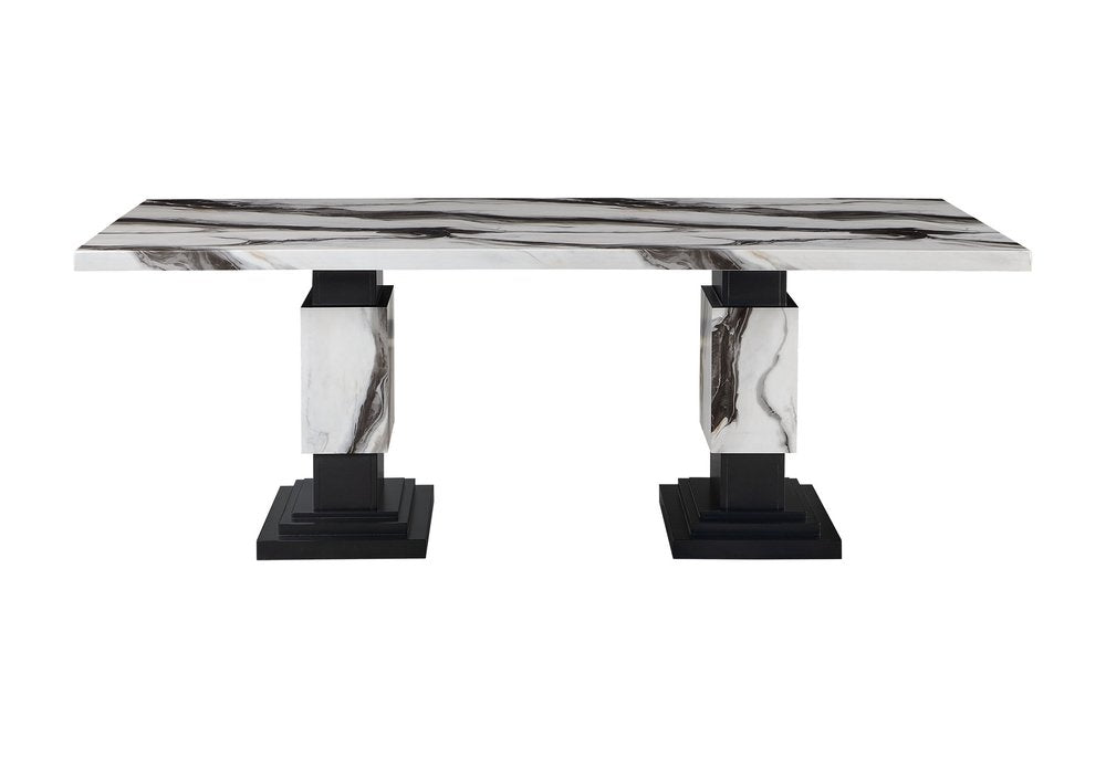 82" Black and White Faux Marble and Wood Double Pedestal Base Dining Table