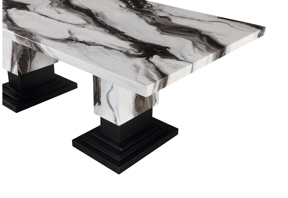 82" Black and White Faux Marble and Wood Double Pedestal Base Dining Table
