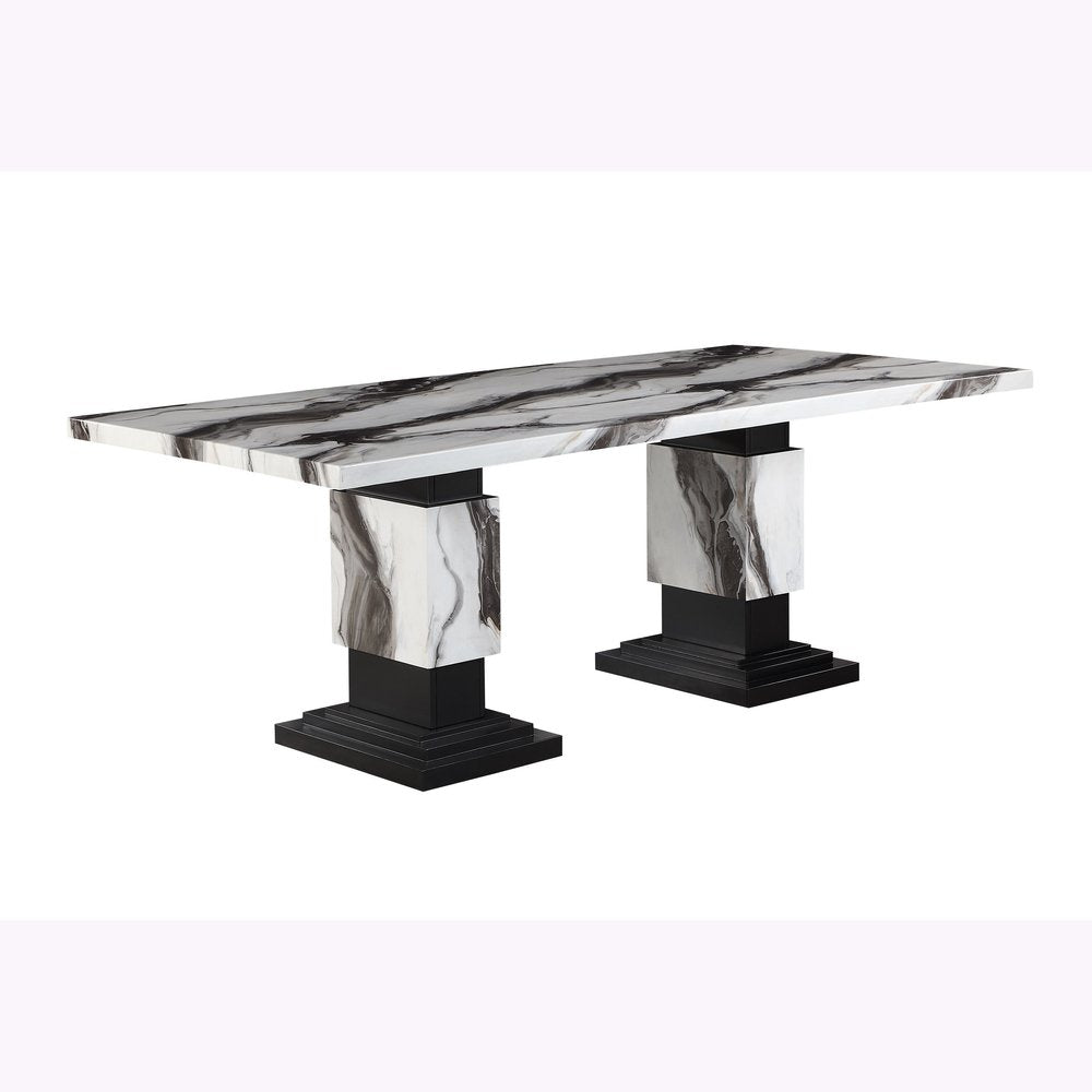 82" Black and White Faux Marble and Wood Double Pedestal Base Dining Table