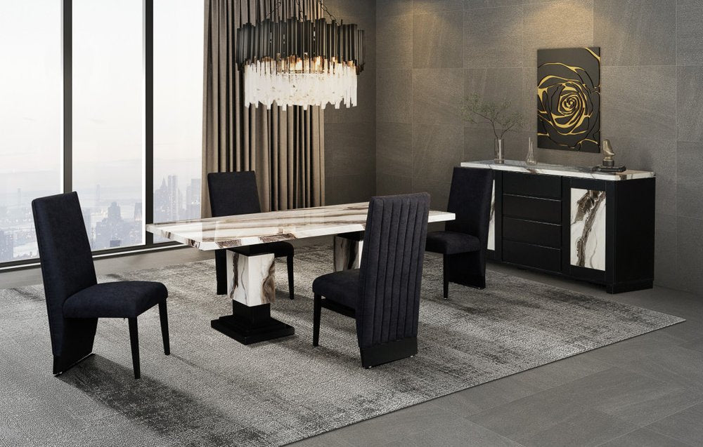 82" Black and White Faux Marble and Wood Double Pedestal Base Dining Table