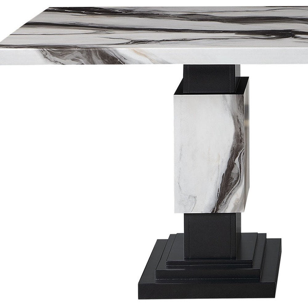 82" Black and White Faux Marble and Wood Double Pedestal Base Dining Table