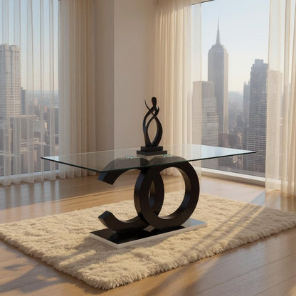 71" Clear and Silver Glass Wood and Stainless Steel Pedestal Base Dining Table