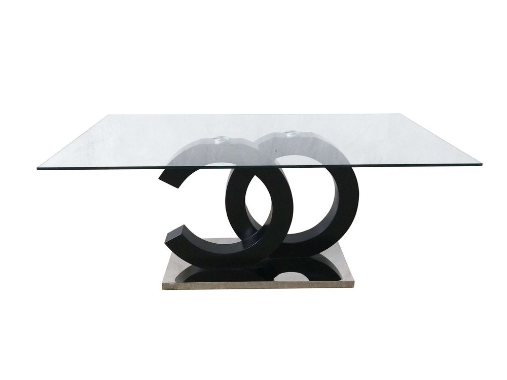 71" Clear and Silver Glass Wood and Stainless Steel Pedestal Base Dining Table