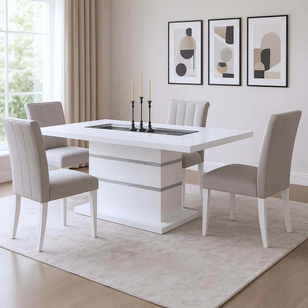 79" White Faux Crystals Glass and Wood Pedestal Base Dining Table