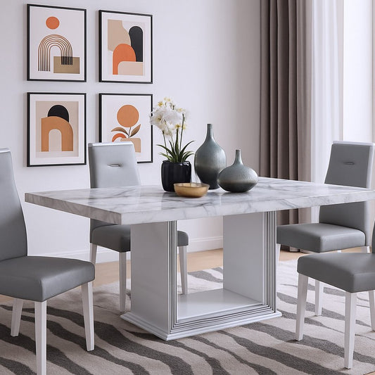 79" Light Gray and White Marble and Wood Pedestal Base Dining Table