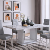 79" Light Gray and White Marble and Wood Pedestal Base Dining Table