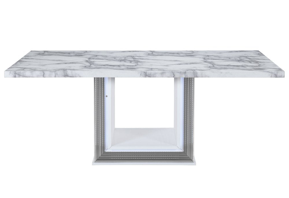 79" Light Gray and White Marble and Wood Pedestal Base Dining Table