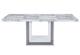 79" Light Gray and White Marble and Wood Pedestal Base Dining Table