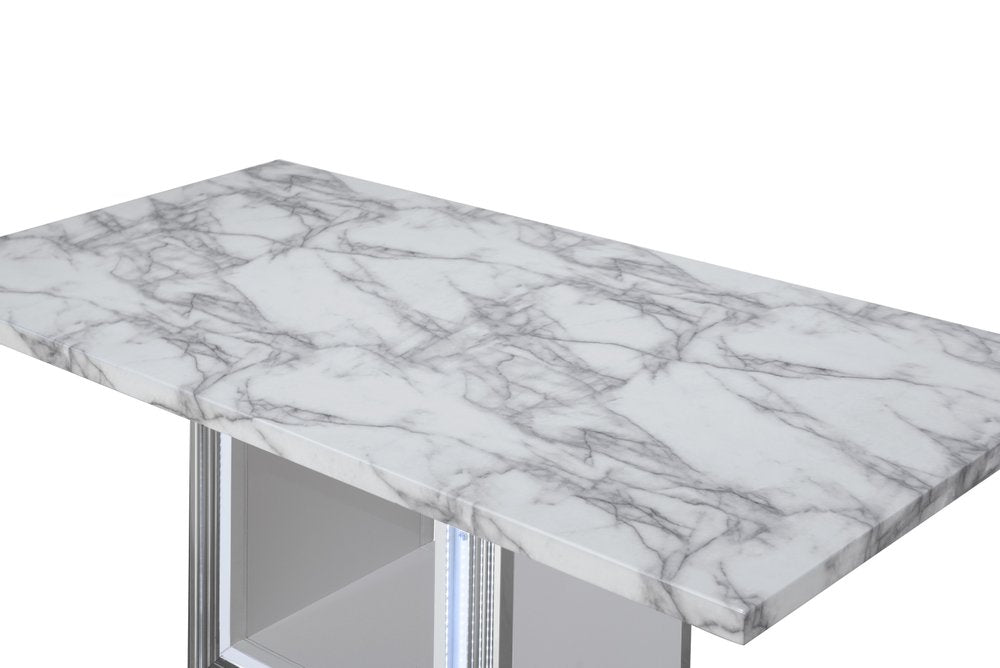 79" Light Gray and White Marble and Wood Pedestal Base Dining Table