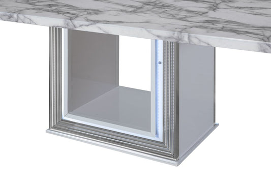 79" Light Gray and White Marble and Wood Pedestal Base Dining Table
