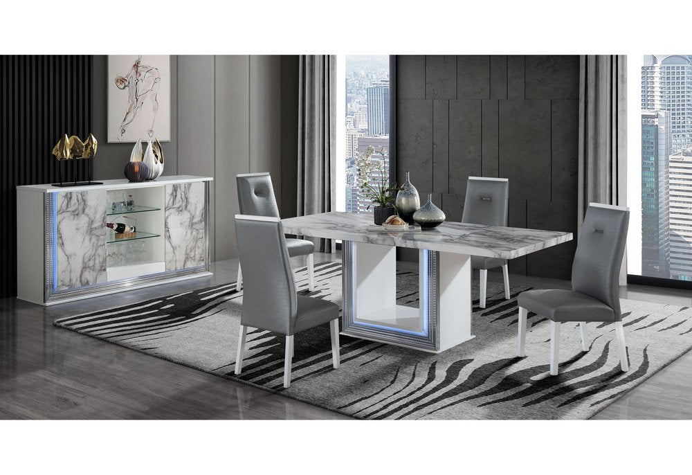 79" Light Gray and White Marble and Wood Pedestal Base Dining Table