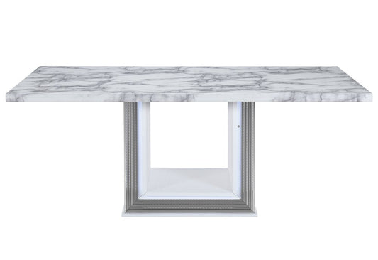 79" Light Gray and White Marble and Wood Pedestal Base Dining Table
