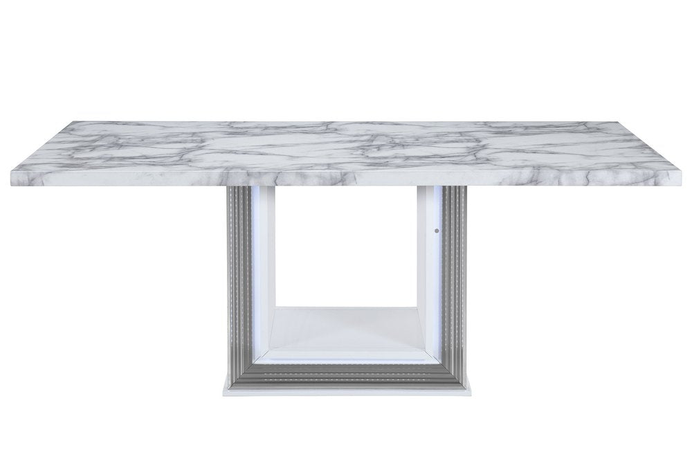 79" Light Gray and White Marble and Wood Pedestal Base Dining Table